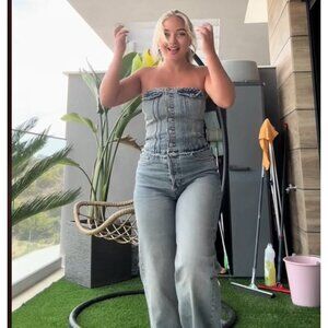 ZARA STRAPLESS BUSTIER viral DENIM JUMPSUIT buttons NAVY BLUE 8197/284 XS S M